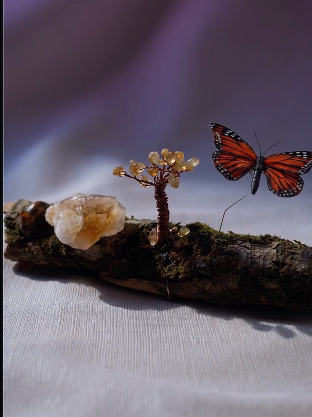 Hand crafted Midnight Monarch Driftwood Sanctuary Tabletop Piece W Gemstone Tree